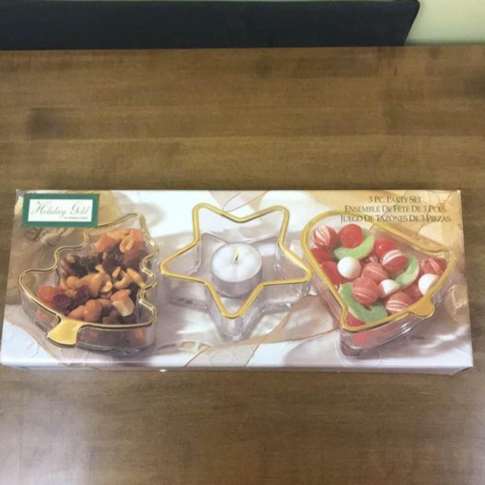 Holiday Gold Glass 3 pc Party Set Candy‎ DIsh Candle Holder